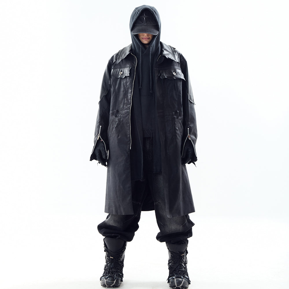 Lambskin Coated Denim Mixed Long Coat