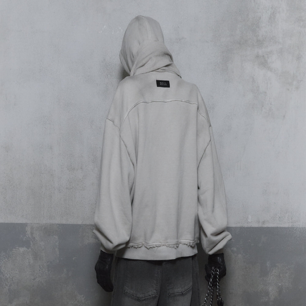 Dyed Raw-edged Hoodie with Linen Muffler