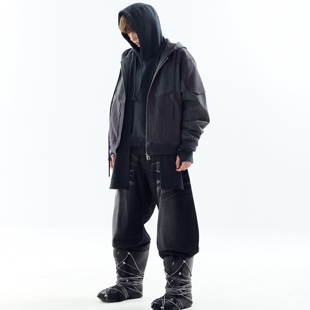 Destroyed Leather and Linen Hoodie Zip-up Jacket