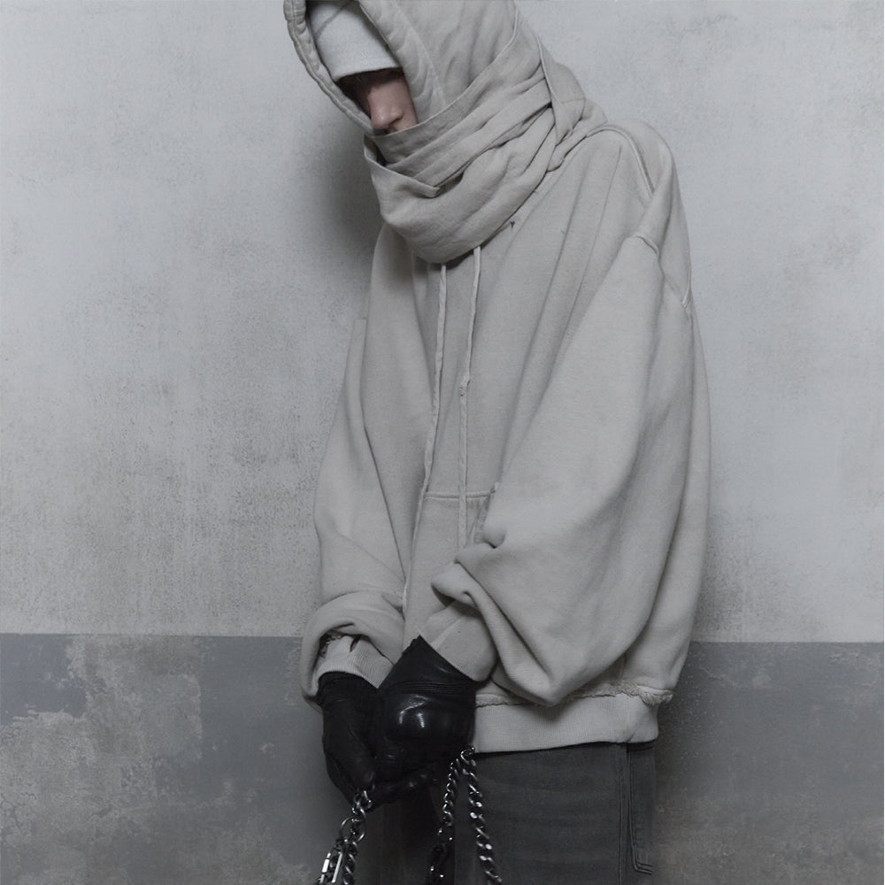 Dyed Raw-edged Hoodie with Linen Muffler