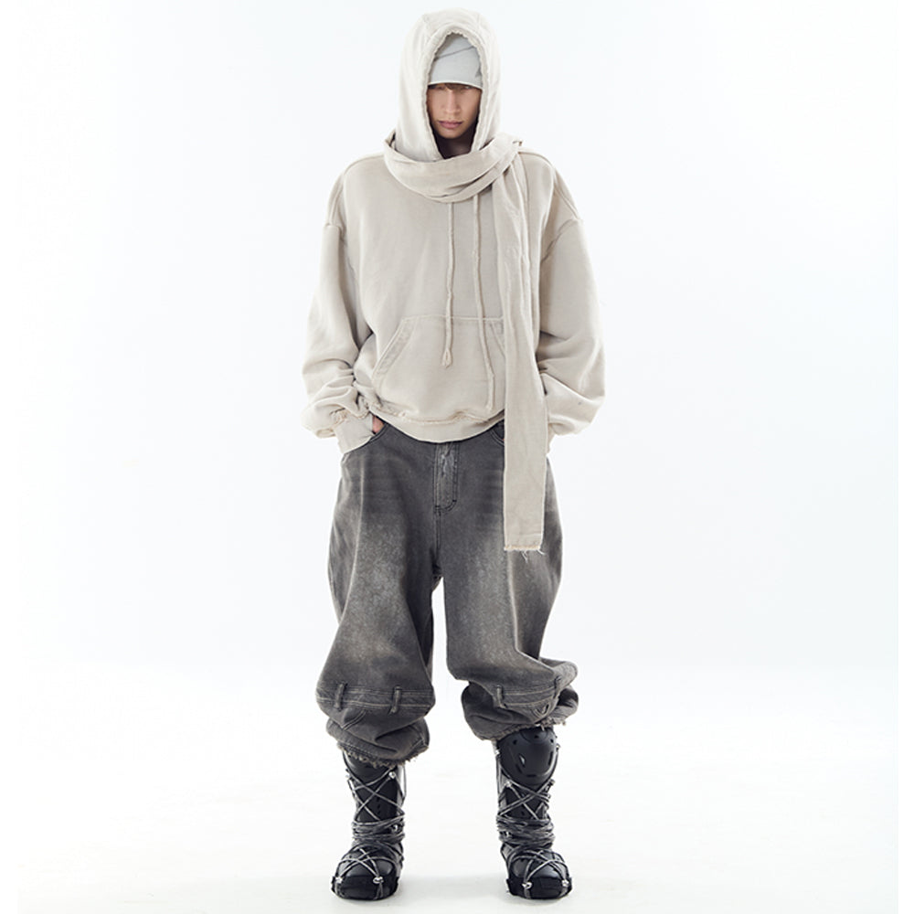 Dyed Raw-edged Hoodie with Linen Muffler