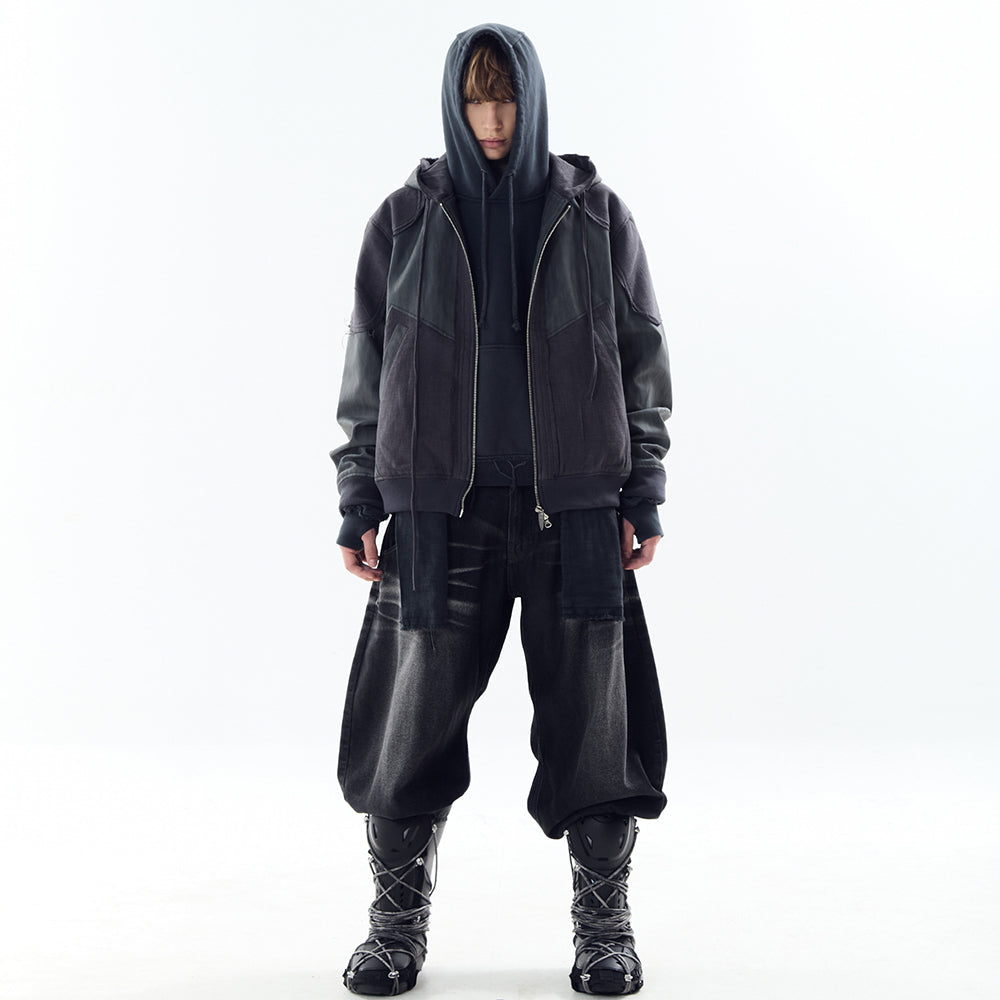 Destroyed Leather and Linen Hoodie Zip-up Jacket