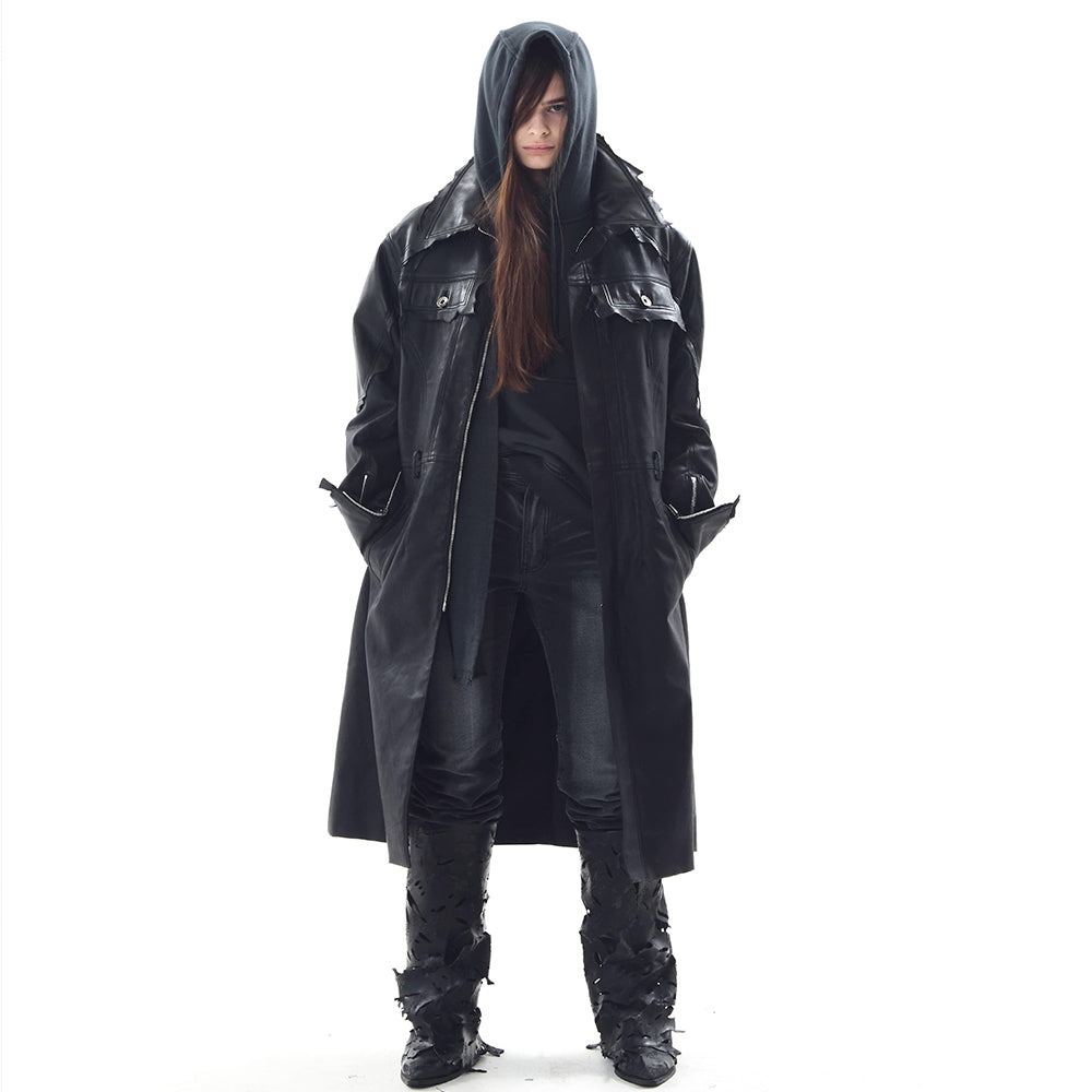 Lambskin Coated Denim Mixed Long Coat