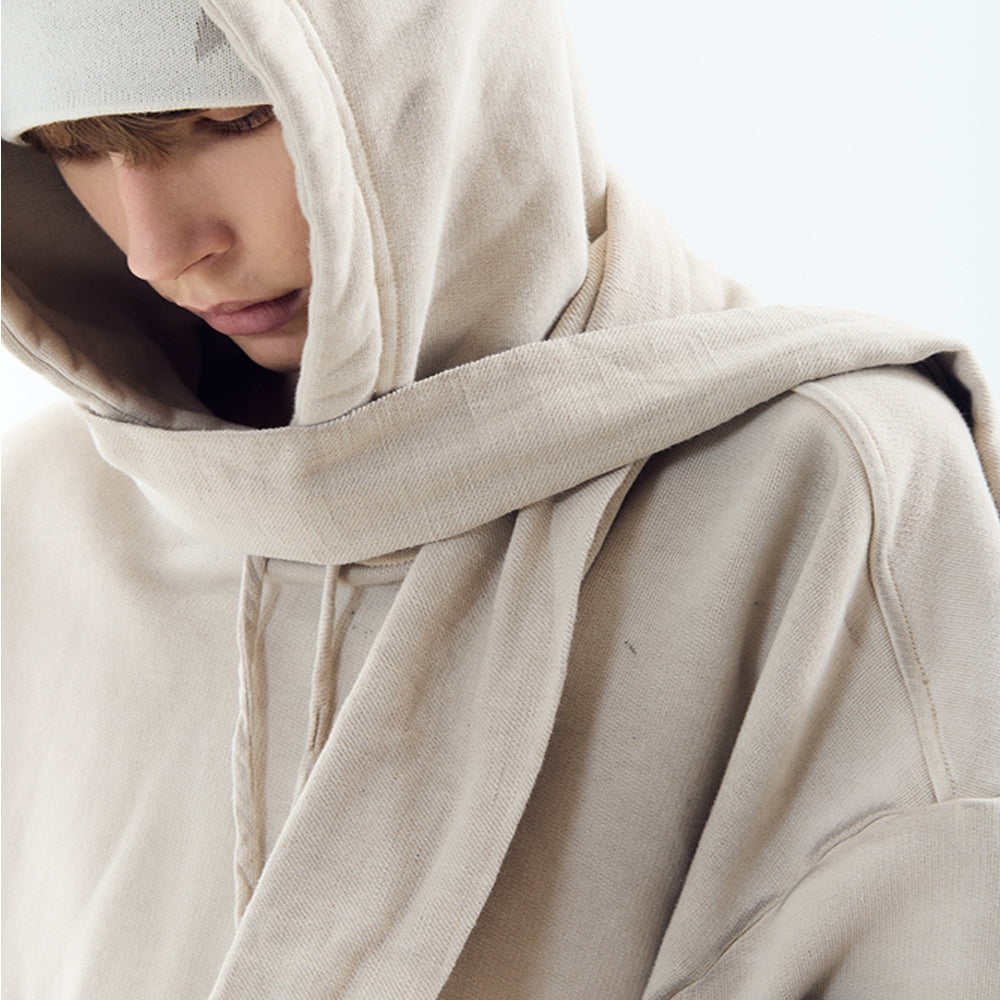 Dyed Raw-edged Hoodie with Linen Muffler