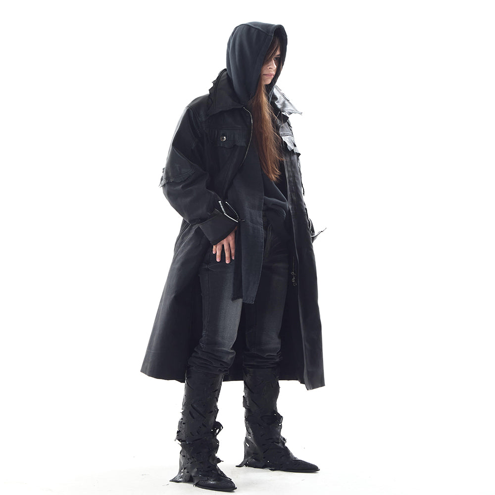 Lambskin Coated Denim Mixed Long Coat