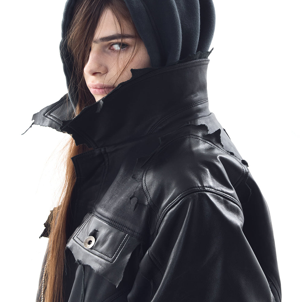 Lambskin Coated Denim Mixed Long Coat